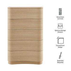 Modway Furniture Mirae 5-Drawer Curved Dresser - Modern Space-Saving Chest for Stylish Storage in Any Room Brush Light Oak MOD-7231-BOA