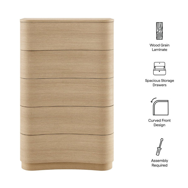 Modway Furniture Mirae 5-Drawer Curved Dresser - Modern Space-Saving Chest for Stylish Storage in Any Room Brush Light Oak MOD-7231-BOA