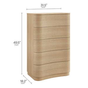 Modway Furniture Mirae 5-Drawer Curved Dresser - Modern Space-Saving Chest for Stylish Storage in Any Room Brush Light Oak MOD-7231-BOA