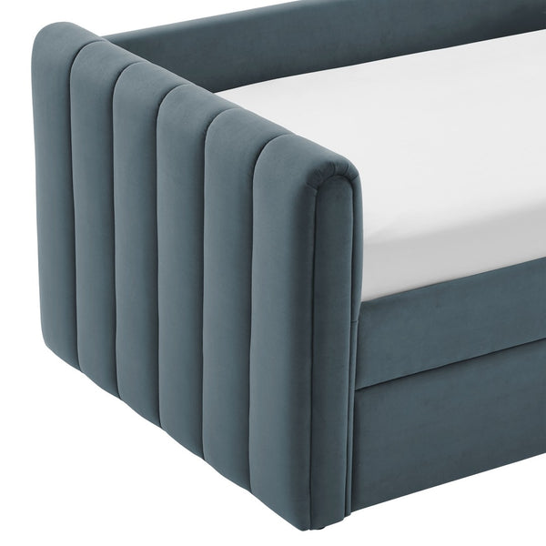 Modway Furniture Veyla Channel Tufted Performance Velvet Twin Daybed with Hidden Trundle for Stylish Living Spaces Cadet Blue MOD-7234-CAB