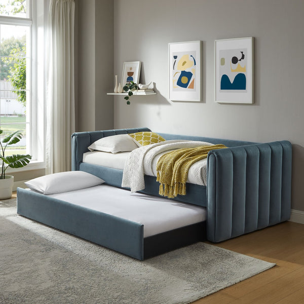 Modway Furniture Veyla Channel Tufted Performance Velvet Twin Daybed with Hidden Trundle for Stylish Living Spaces Cadet Blue MOD-7234-CAB