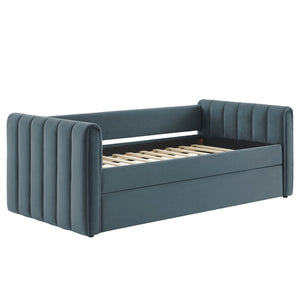 Modway Furniture Veyla Channel Tufted Performance Velvet Twin Daybed with Hidden Trundle for Stylish Living Spaces Cadet Blue MOD-7234-CAB
