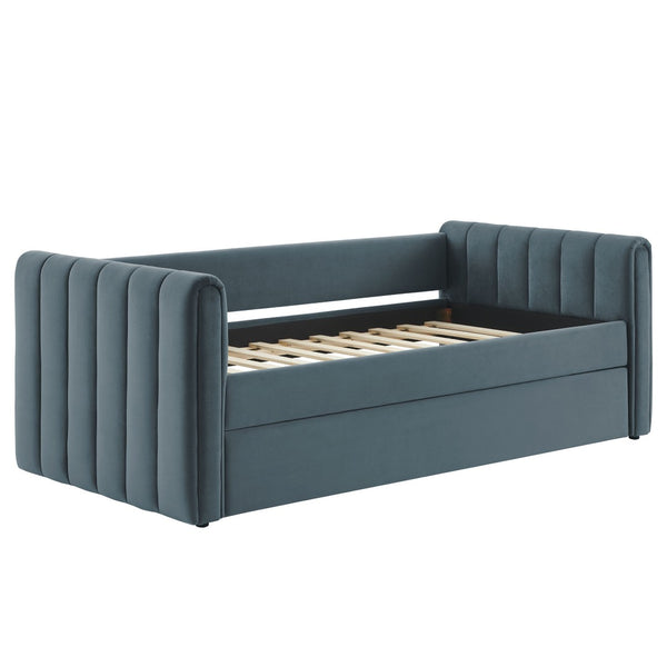 Modway Furniture Veyla Channel Tufted Performance Velvet Twin Daybed with Hidden Trundle for Stylish Living Spaces Cadet Blue MOD-7234-CAB