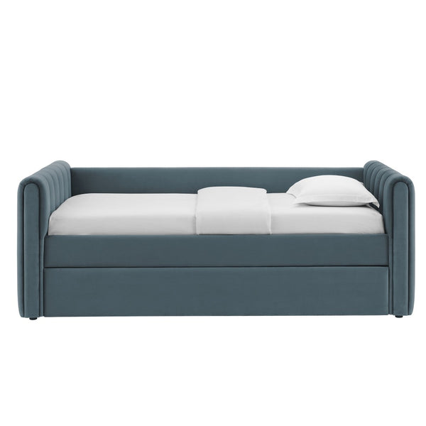 Modway Furniture Veyla Channel Tufted Performance Velvet Twin Daybed with Hidden Trundle for Stylish Living Spaces Cadet Blue MOD-7234-CAB