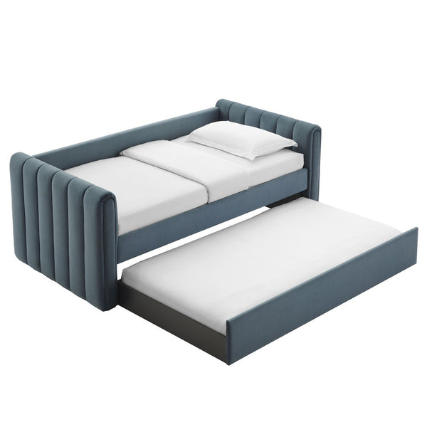 Modway Furniture Veyla Channel Tufted Performance Velvet Twin Daybed with Hidden Trundle for Stylish Living Spaces Cadet Blue MOD-7234-CAB