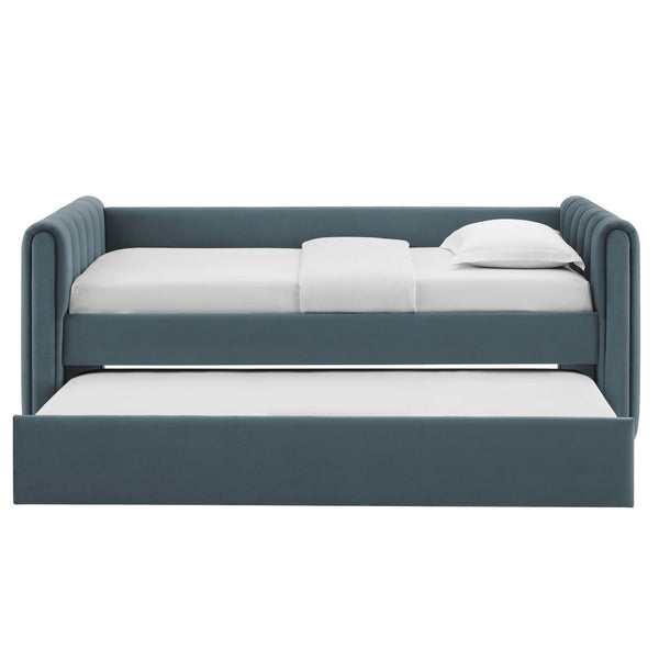 Modway Furniture Veyla Channel Tufted Performance Velvet Twin Daybed with Hidden Trundle for Stylish Living Spaces Cadet Blue MOD-7234-CAB