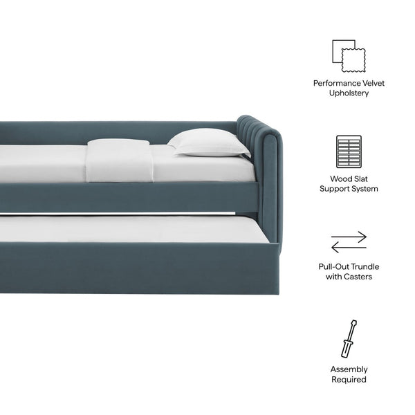 Modway Furniture Veyla Channel Tufted Performance Velvet Twin Daybed with Hidden Trundle for Stylish Living Spaces Cadet Blue MOD-7234-CAB