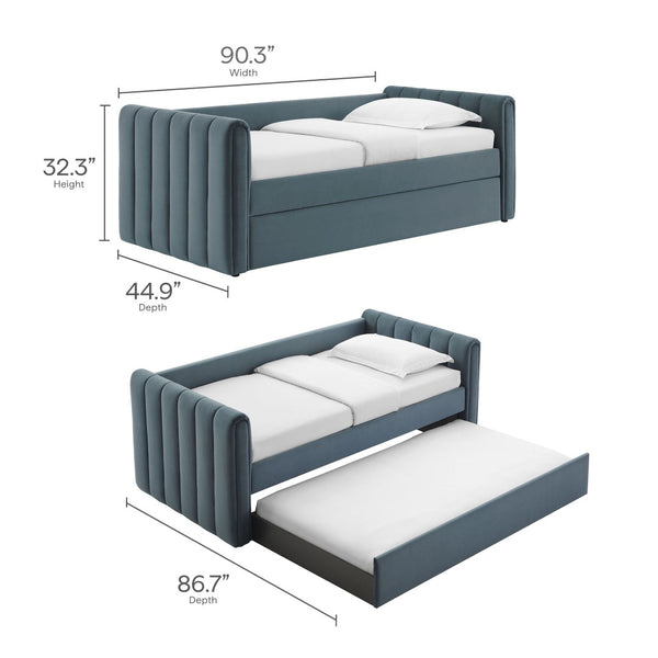 Modway Furniture Veyla Channel Tufted Performance Velvet Twin Daybed with Hidden Trundle for Stylish Living Spaces Cadet Blue MOD-7234-CAB