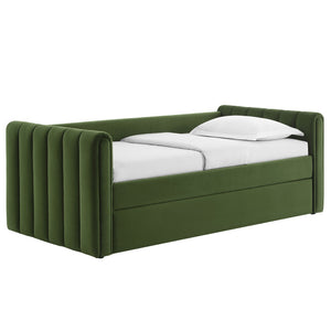Modway Furniture Veyla Channel Tufted Performance Velvet Twin Daybed with Hidden Trundle for Stylish Living Spaces Moss Green MOD-7234-MOG