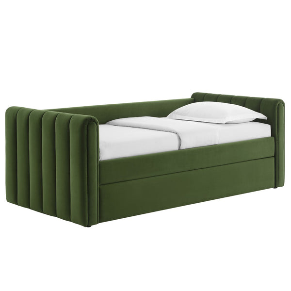 Modway Furniture Veyla Channel Tufted Performance Velvet Twin Daybed with Hidden Trundle for Stylish Living Spaces Moss Green MOD-7234-MOG