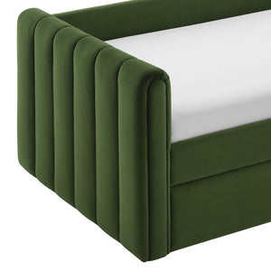 Modway Furniture Veyla Channel Tufted Performance Velvet Twin Daybed with Hidden Trundle for Stylish Living Spaces Moss Green MOD-7234-MOG