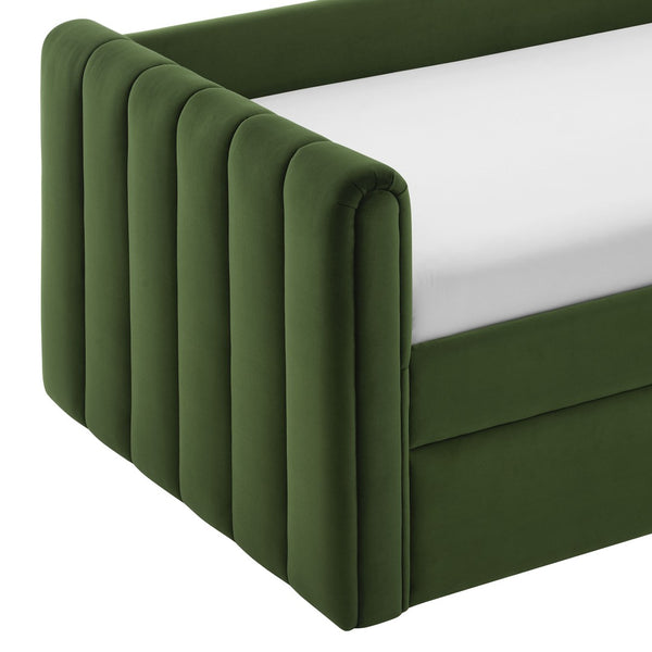 Modway Furniture Veyla Channel Tufted Performance Velvet Twin Daybed with Hidden Trundle for Stylish Living Spaces Moss Green MOD-7234-MOG