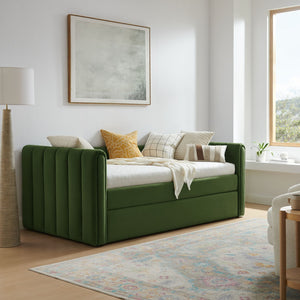 Modway Furniture Veyla Channel Tufted Performance Velvet Twin Daybed with Hidden Trundle for Stylish Living Spaces Moss Green MOD-7234-MOG