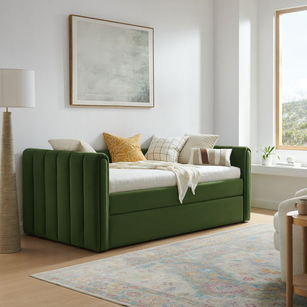 Modway Furniture Veyla Channel Tufted Performance Velvet Twin Daybed with Hidden Trundle for Stylish Living Spaces Moss Green MOD-7234-MOG
