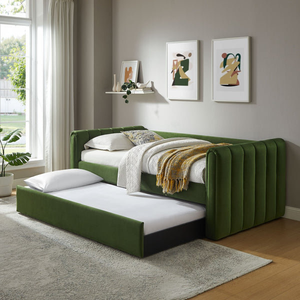 Modway Furniture Veyla Channel Tufted Performance Velvet Twin Daybed with Hidden Trundle for Stylish Living Spaces Moss Green MOD-7234-MOG