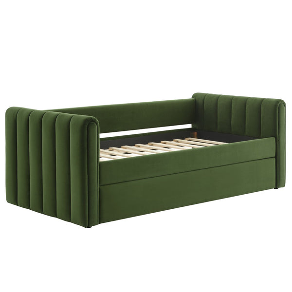 Modway Furniture Veyla Channel Tufted Performance Velvet Twin Daybed with Hidden Trundle for Stylish Living Spaces Moss Green MOD-7234-MOG
