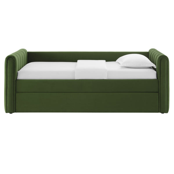 Modway Furniture Veyla Channel Tufted Performance Velvet Twin Daybed with Hidden Trundle for Stylish Living Spaces Moss Green MOD-7234-MOG