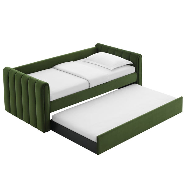 Modway Furniture Veyla Channel Tufted Performance Velvet Twin Daybed with Hidden Trundle for Stylish Living Spaces Moss Green MOD-7234-MOG