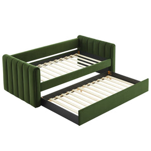 Modway Furniture Veyla Channel Tufted Performance Velvet Twin Daybed with Hidden Trundle for Stylish Living Spaces Moss Green MOD-7234-MOG