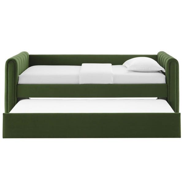 Modway Furniture Veyla Channel Tufted Performance Velvet Twin Daybed with Hidden Trundle for Stylish Living Spaces Moss Green MOD-7234-MOG