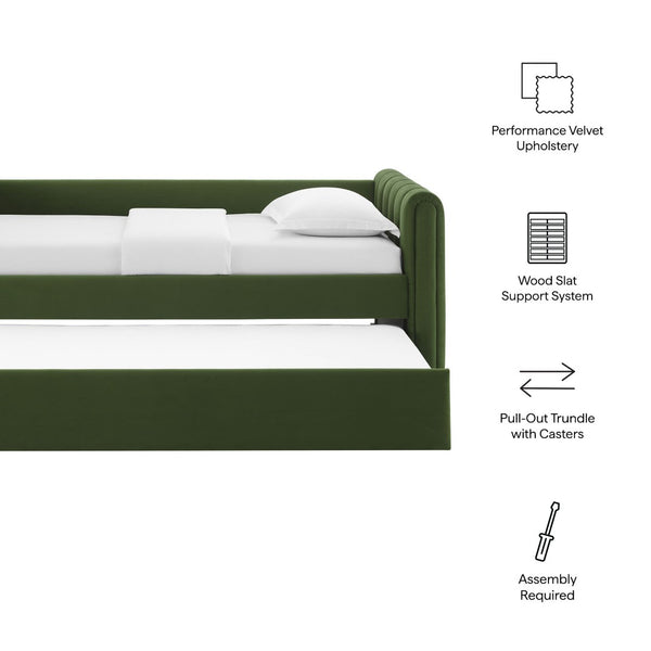 Modway Furniture Veyla Channel Tufted Performance Velvet Twin Daybed with Hidden Trundle for Stylish Living Spaces Moss Green MOD-7234-MOG