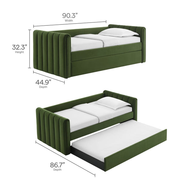 Modway Furniture Veyla Channel Tufted Performance Velvet Twin Daybed with Hidden Trundle for Stylish Living Spaces Moss Green MOD-7234-MOG
