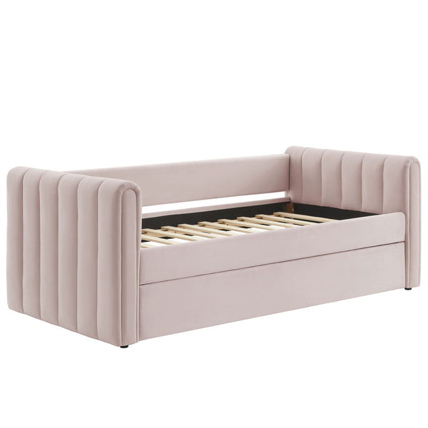 Modway Furniture Veyla Channel Tufted Performance Velvet Twin Daybed with Hidden Trundle for Stylish Living Spaces Pink MOD-7234-PNK