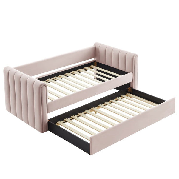 Modway Furniture Veyla Channel Tufted Performance Velvet Twin Daybed with Hidden Trundle for Stylish Living Spaces Pink MOD-7234-PNK