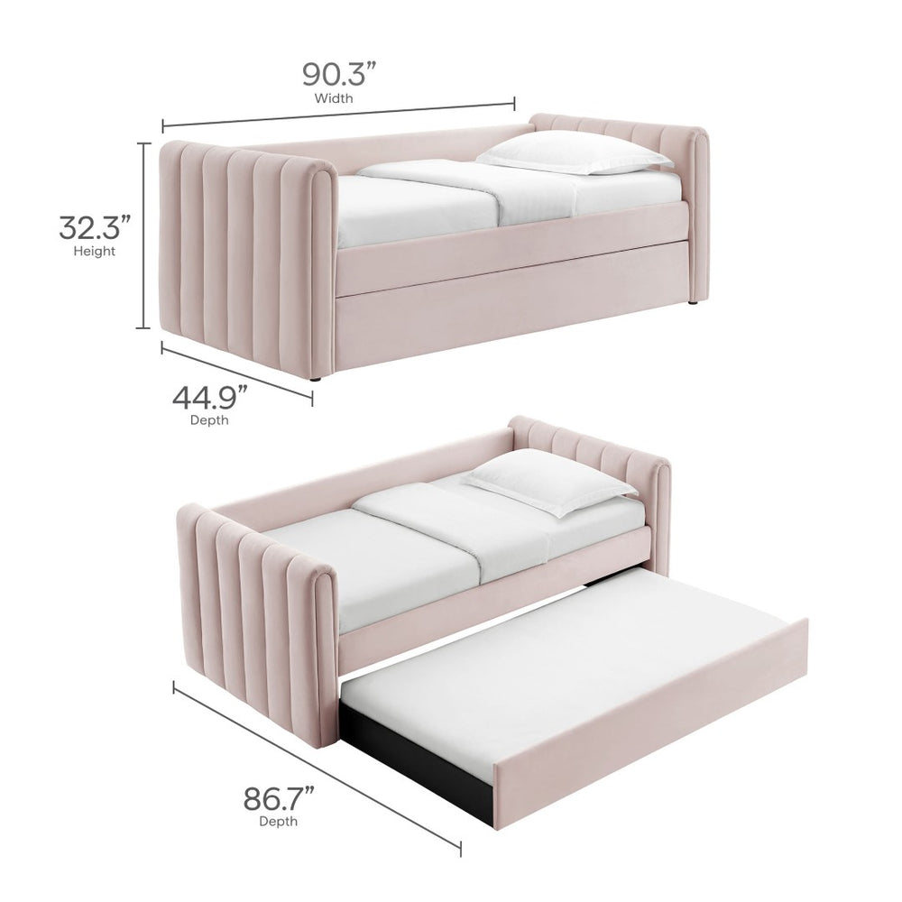 Modway Furniture Veyla Channel Tufted Performance Velvet Twin Daybed with Hidden Trundle for Stylish Living Spaces Pink MOD-7234-PNK