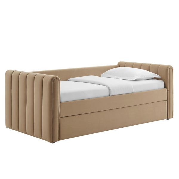 Modway Furniture Veyla Channel Tufted Performance Velvet Twin Daybed with Hidden Trundle for Stylish Living Spaces Taupe MOD-7234-TAU