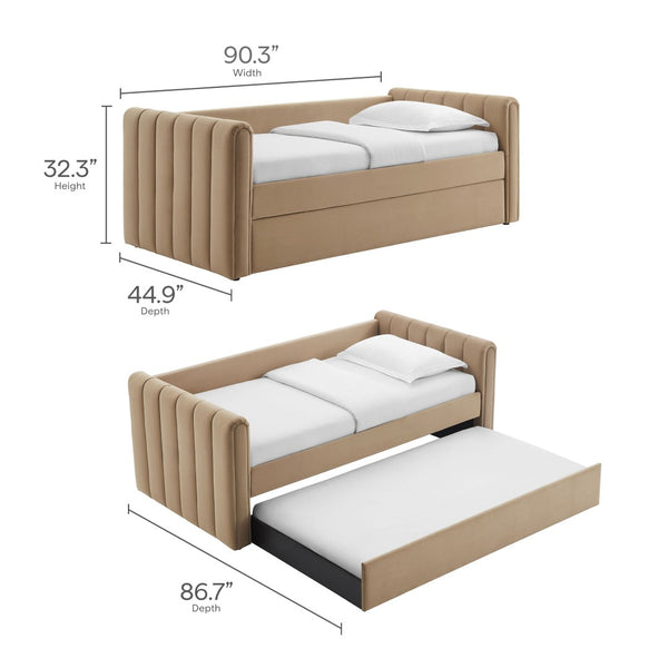 Modway Furniture Veyla Channel Tufted Performance Velvet Twin Daybed with Hidden Trundle for Stylish Living Spaces Taupe MOD-7234-TAU