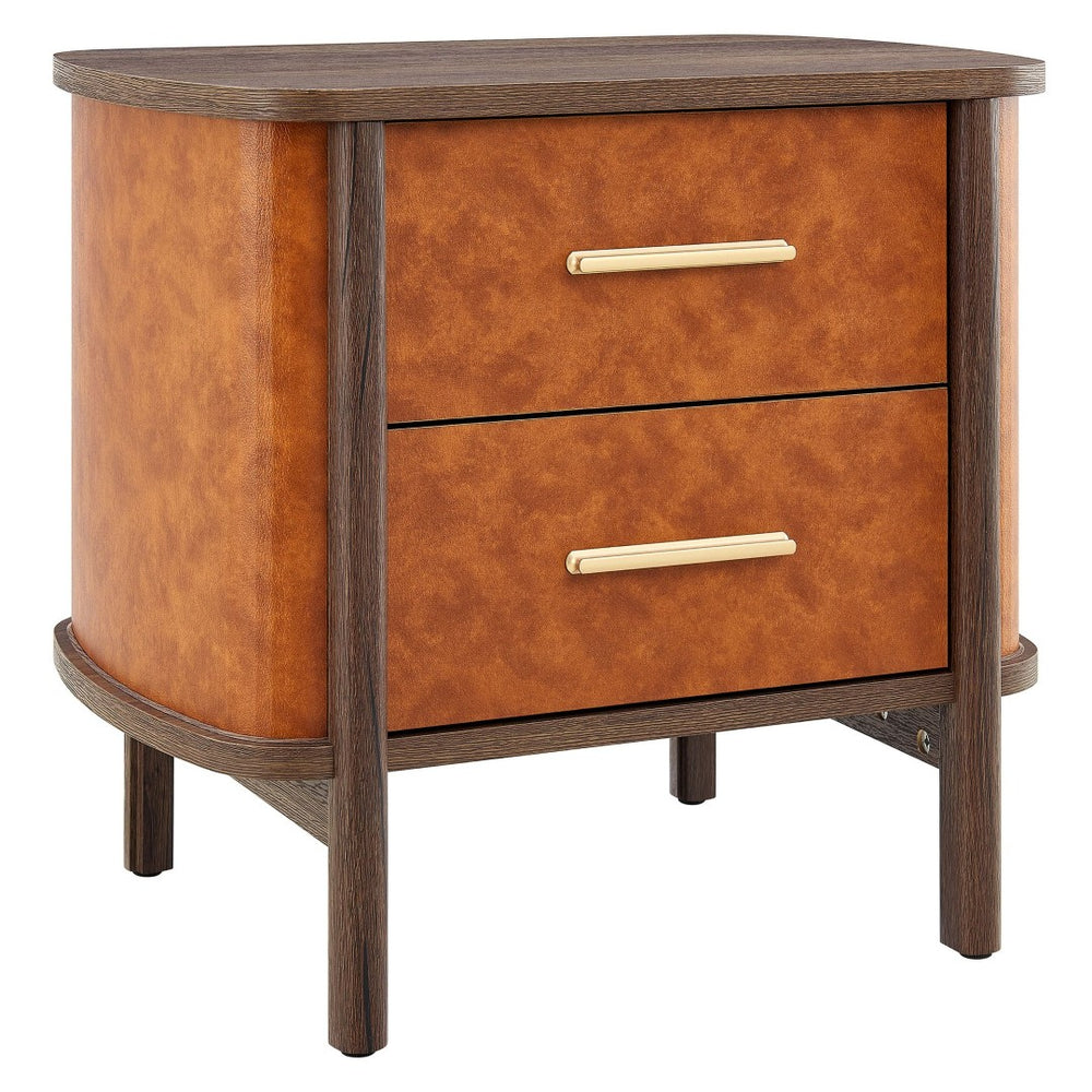 Modway Furniture Coralie 2-Drawer Nightstand in Vegan Leather - Stylish Storage with Curved Design & Gold Accents MOD-7237-WAL-TAN