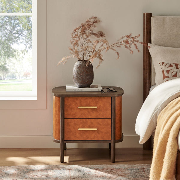 Modway Furniture Coralie 2-Drawer Nightstand in Vegan Leather - Stylish Storage with Curved Design & Gold Accents MOD-7237-WAL-TAN