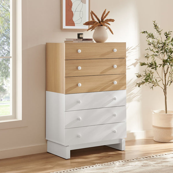 Modway Furniture Nolia 6-Drawer Mid-Century Color Block Dresser Chest – Stylish Storage for Small Spaces & Modern Homes MOD-7240-OAK-WHI