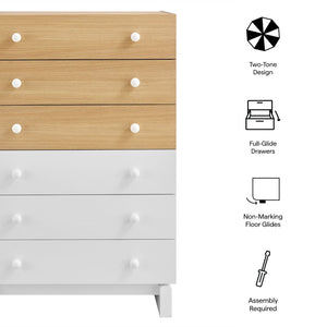 Modway Furniture Nolia 6-Drawer Mid-Century Color Block Dresser Chest – Stylish Storage for Small Spaces & Modern Homes MOD-7240-OAK-WHI