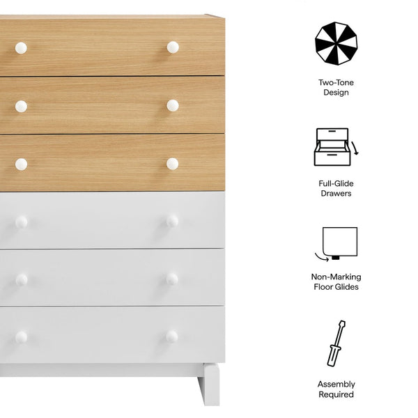 Modway Furniture Nolia 6-Drawer Mid-Century Color Block Dresser Chest – Stylish Storage for Small Spaces & Modern Homes MOD-7240-OAK-WHI