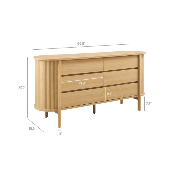 Modway Furniture Cadence 6-Drawer Contemporary Dresser with Curved Design and Fluted Detailing for Elegant Storage Oak MOD-7242-OAK