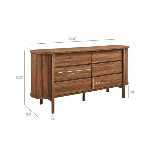 Modway Furniture Cadence 6-Drawer Contemporary Dresser with Curved Design and Fluted Detailing for Elegant Storage Walnut MOD-7242-WAL