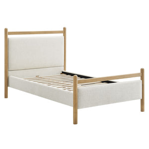 Modway Furniture Ginny Upholstered Twin Platform Bed Padded Headboard Solid Wood Frame for Kids Room Light Oak Heathered Ivory MOD-7244-LOA-HEI
