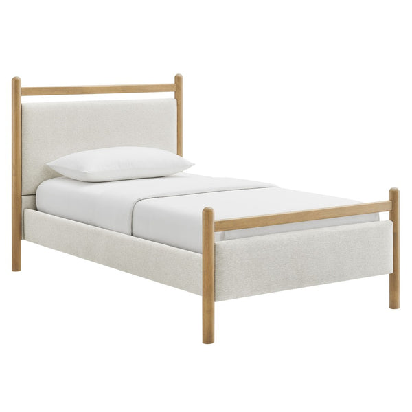Modway Furniture Ginny Upholstered Twin Platform Bed Padded Headboard Solid Wood Frame for Kids Room Light Oak Heathered Ivory MOD-7244-LOA-HEI