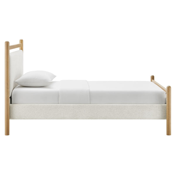Modway Furniture Ginny Upholstered Twin Platform Bed Padded Headboard Solid Wood Frame for Kids Room Light Oak Heathered Ivory MOD-7244-LOA-HEI