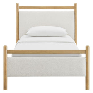 Modway Furniture Ginny Upholstered Twin Platform Bed Padded Headboard Solid Wood Frame for Kids Room Light Oak Heathered Ivory MOD-7244-LOA-HEI