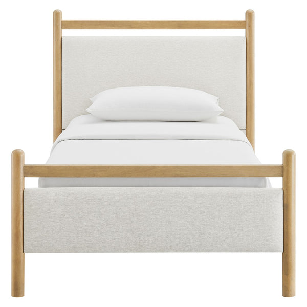 Modway Furniture Ginny Upholstered Twin Platform Bed Padded Headboard Solid Wood Frame for Kids Room Light Oak Heathered Ivory MOD-7244-LOA-HEI