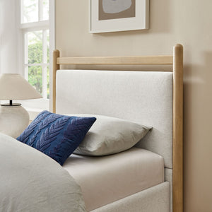 Modway Furniture Ginny Upholstered Twin Platform Bed Padded Headboard Solid Wood Frame for Kids Room Light Oak Heathered Ivory MOD-7244-LOA-HEI