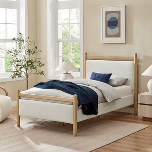 Modway Furniture Ginny Upholstered Twin Platform Bed Padded Headboard Solid Wood Frame for Kids Room Light Oak Heathered Ivory MOD-7244-LOA-HEI