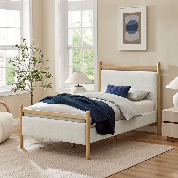 Modway Furniture Ginny Upholstered Twin Platform Bed Padded Headboard Solid Wood Frame for Kids Room Light Oak Heathered Ivory MOD-7244-LOA-HEI