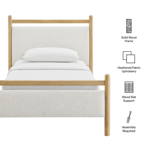Modway Furniture Ginny Upholstered Twin Platform Bed Padded Headboard Solid Wood Frame for Kids Room Light Oak Heathered Ivory MOD-7244-LOA-HEI