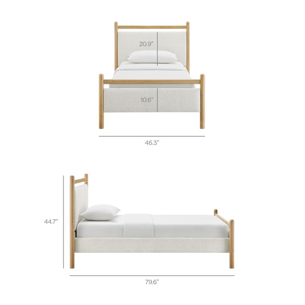 Modway Furniture Ginny Upholstered Twin Platform Bed Padded Headboard Solid Wood Frame for Kids Room Light Oak Heathered Ivory MOD-7244-LOA-HEI