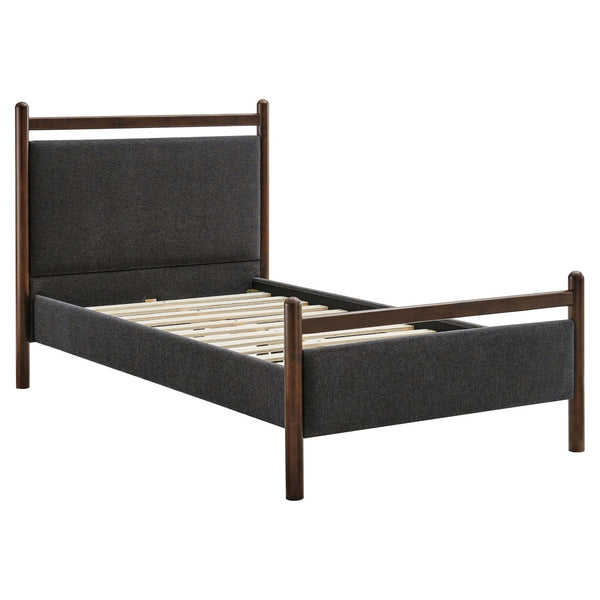 Modway Furniture Ginny Upholstered Twin Platform Bed Padded Headboard Solid Wood Frame for Kids Room Wenge Heathered Dark Gray MOD-7244-WEN-HDG