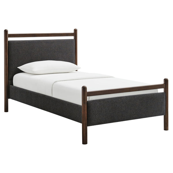 Modway Furniture Ginny Upholstered Twin Platform Bed Padded Headboard Solid Wood Frame for Kids Room Wenge Heathered Dark Gray MOD-7244-WEN-HDG
